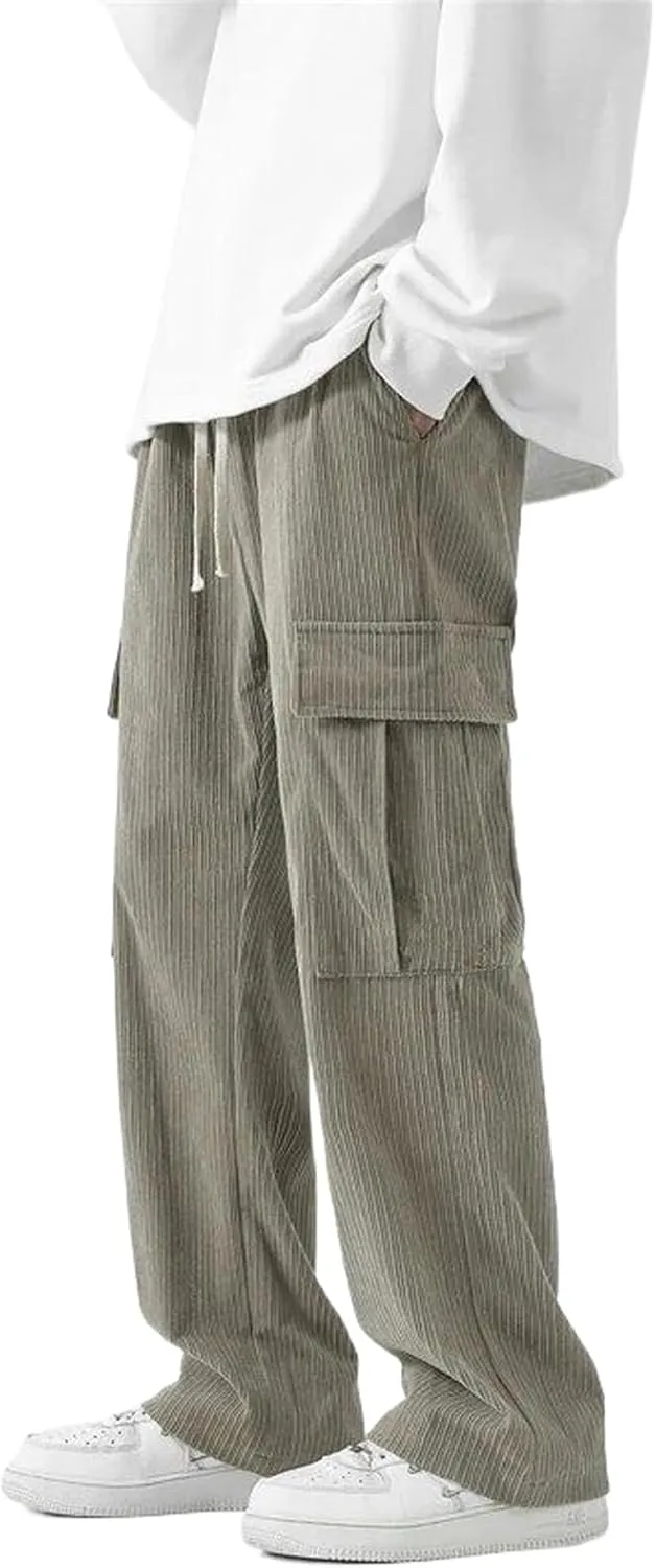 Solid Corduroy Pants Ins Trendy Style Elastic Waist Men's Wide Leg Straight Harajuku Trousers Long Baggy Casual