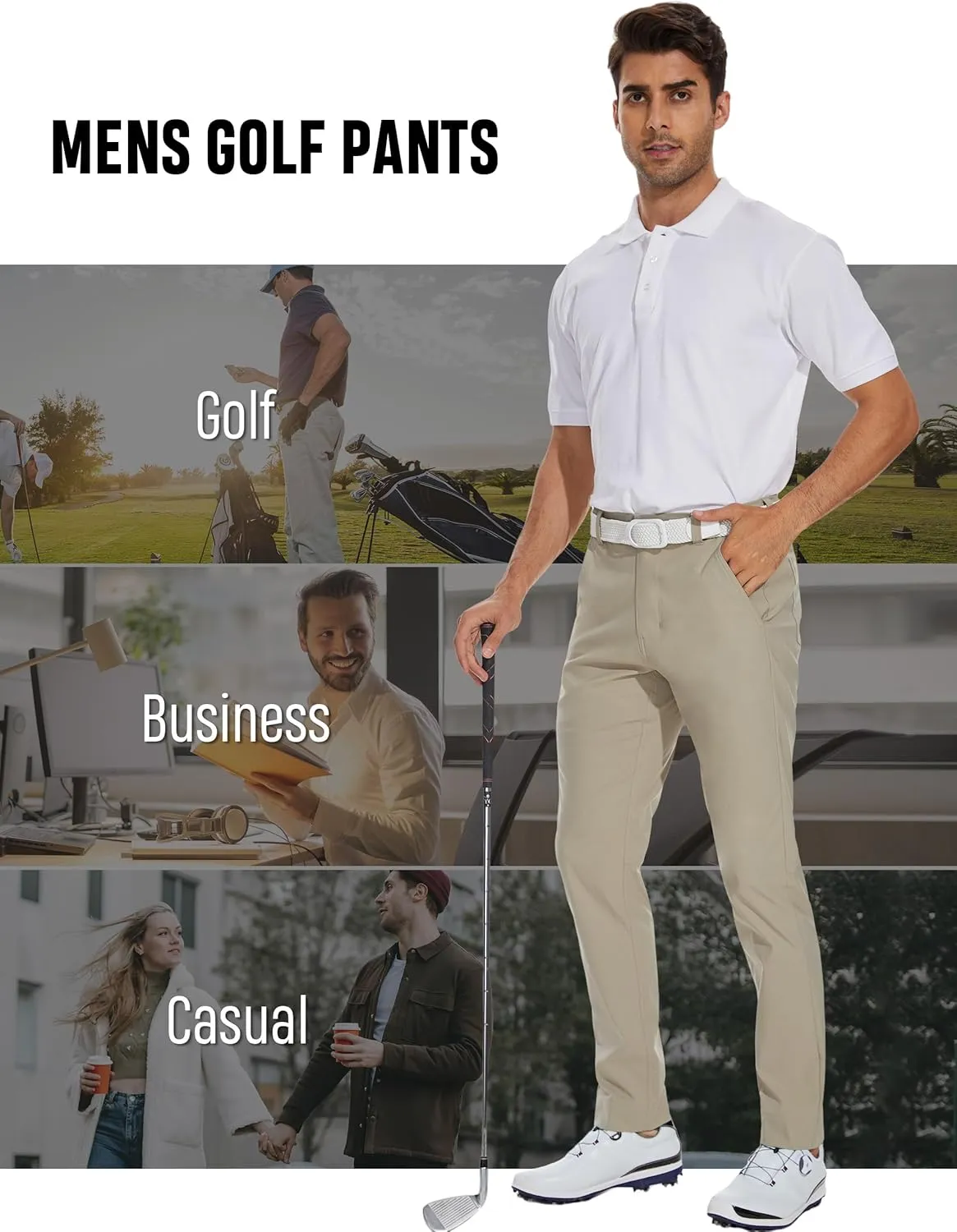 SPECIALMAGIC Mens Golf Stretch Pants Slim Fit Tapered Waterproof Casual Hiking Lightweight Dress with Zipper Pockets