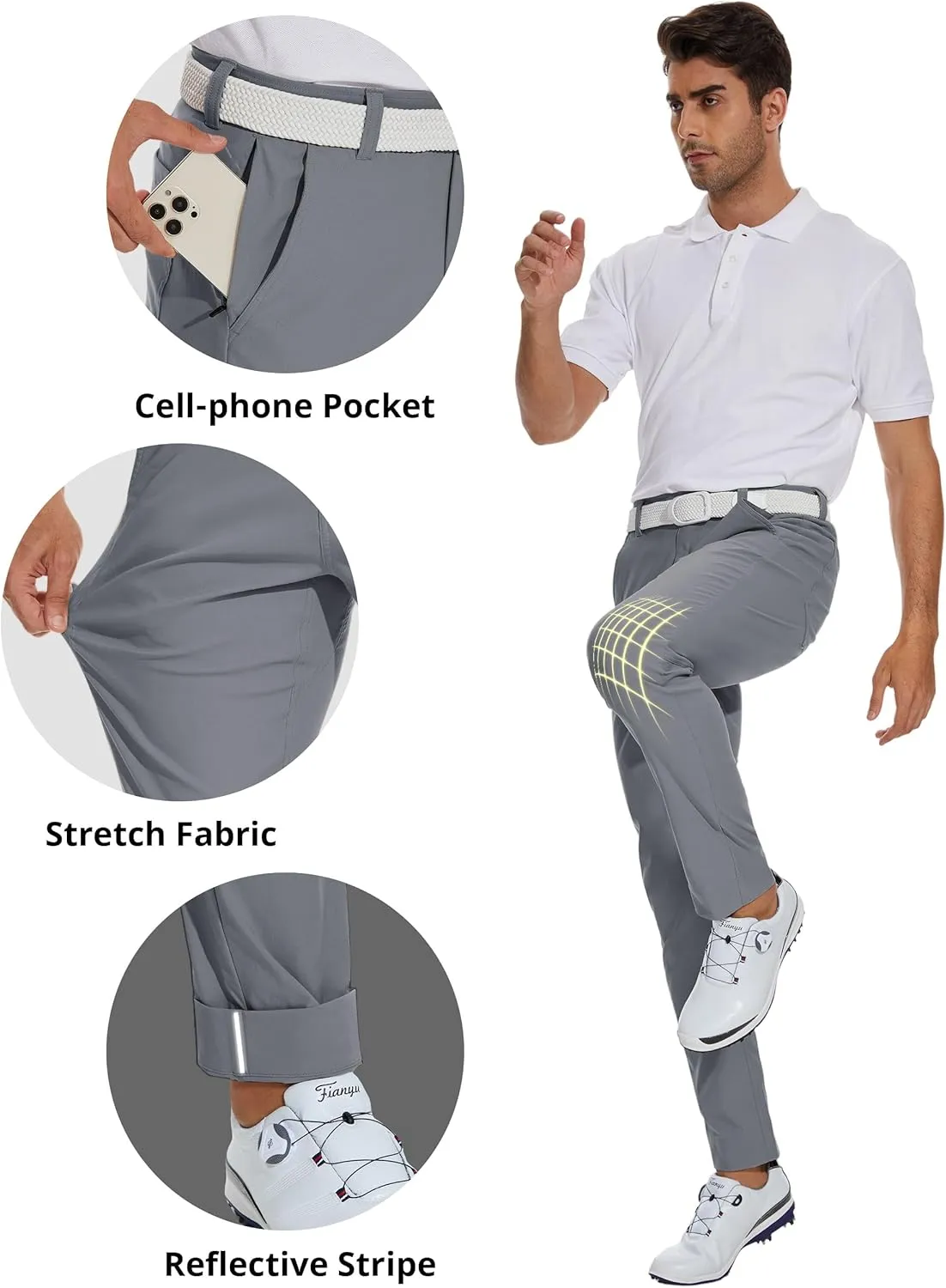 SPECIALMAGIC Mens Golf Stretch Pants Slim Fit Tapered Waterproof Casual Hiking Lightweight Dress with Zipper Pockets