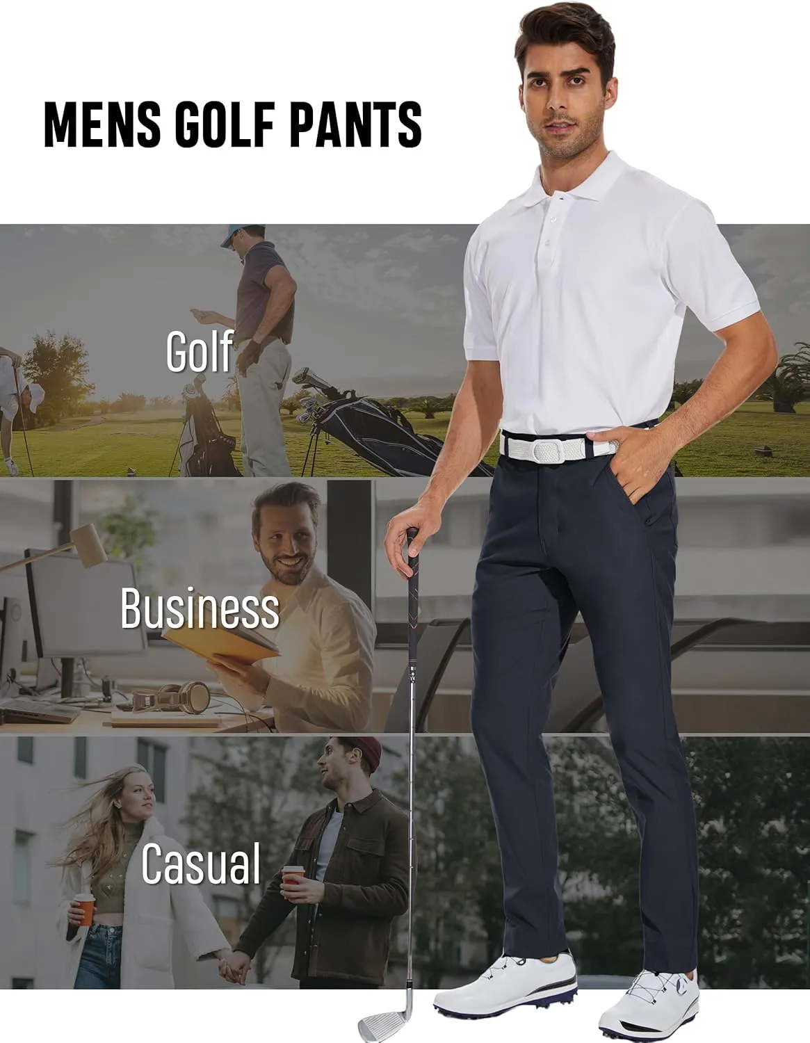 SPECIALMAGIC Mens Golf Stretch Pants Slim Fit Tapered Waterproof Casual Hiking Lightweight Dress with Zipper Pockets
