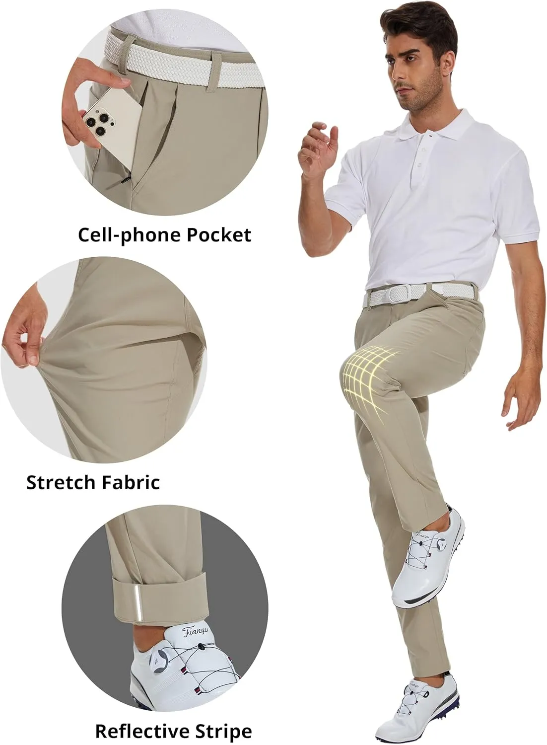 SPECIALMAGIC Mens Golf Stretch Pants Slim Fit Tapered Waterproof Casual Hiking Lightweight Dress with Zipper Pockets