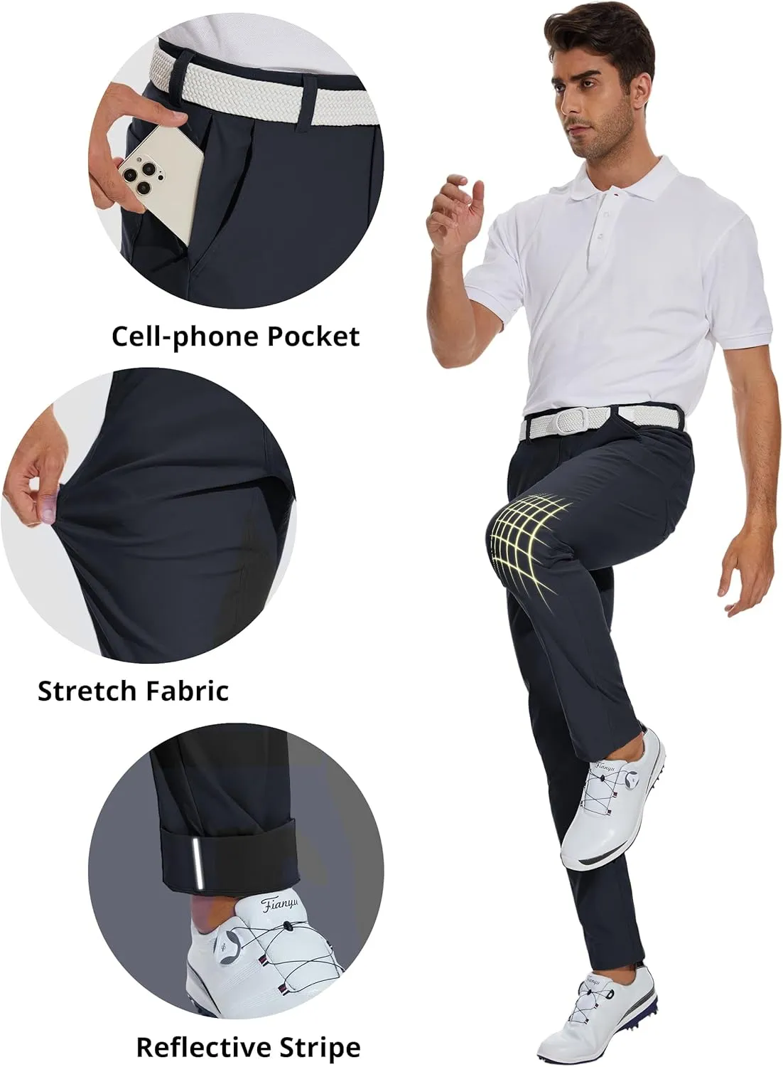 SPECIALMAGIC Mens Golf Stretch Pants Slim Fit Tapered Waterproof Casual Hiking Lightweight Dress with Zipper Pockets
