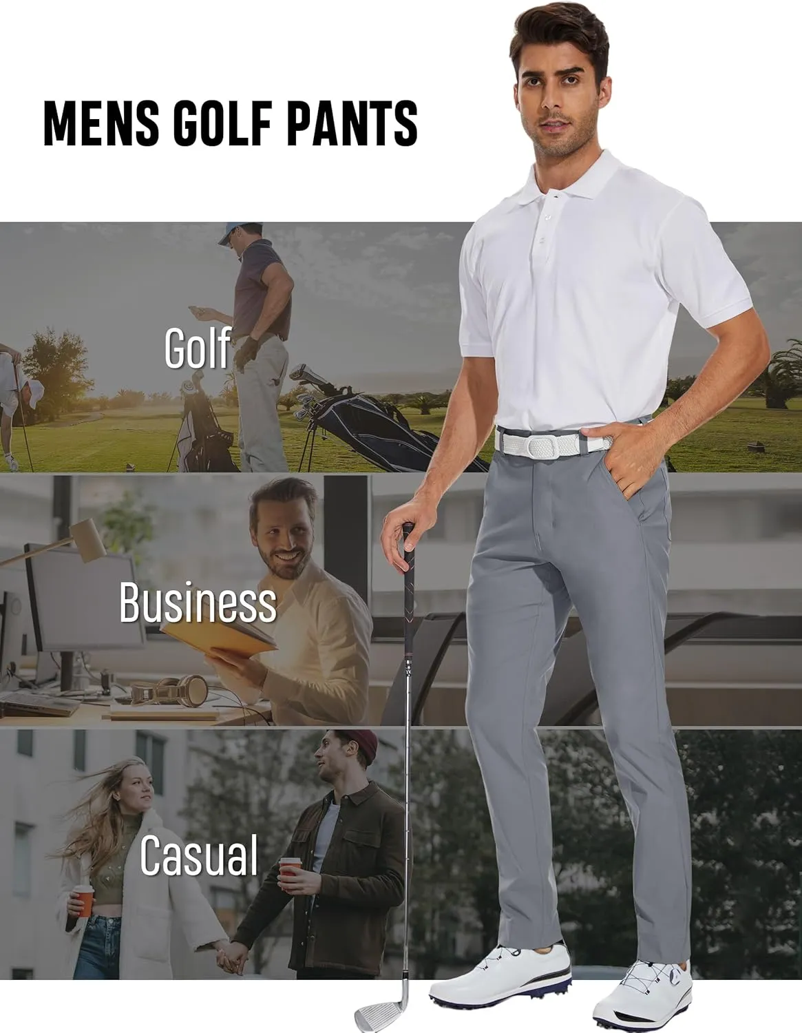 SPECIALMAGIC Mens Golf Stretch Pants Slim Fit Tapered Waterproof Casual Hiking Lightweight Dress with Zipper Pockets