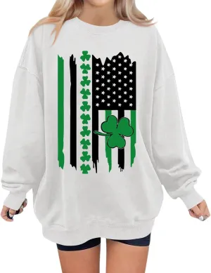 St Patricks Day Sweatshirt Women，Women's Long Sleeve Sweatshirt Round Neck Shamrock Print Fashin Pullover