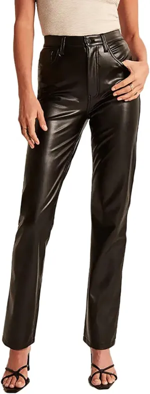 Straight Leg PU Leather Pants Women's Faux Leather Slim Trousers Casual Leather Trouser