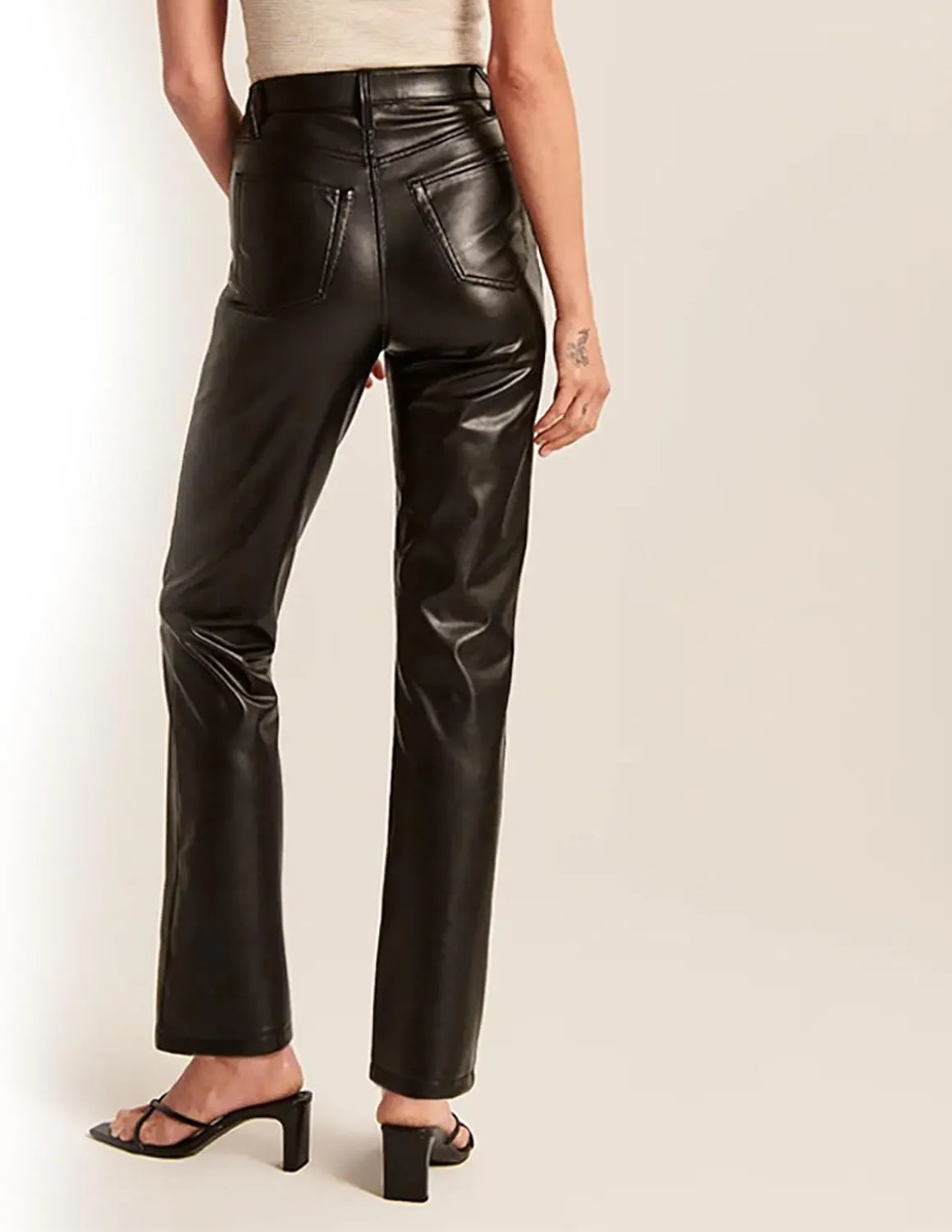 Straight Leg PU Leather Pants Women's Faux Leather Slim Trousers Casual Leather Trouser