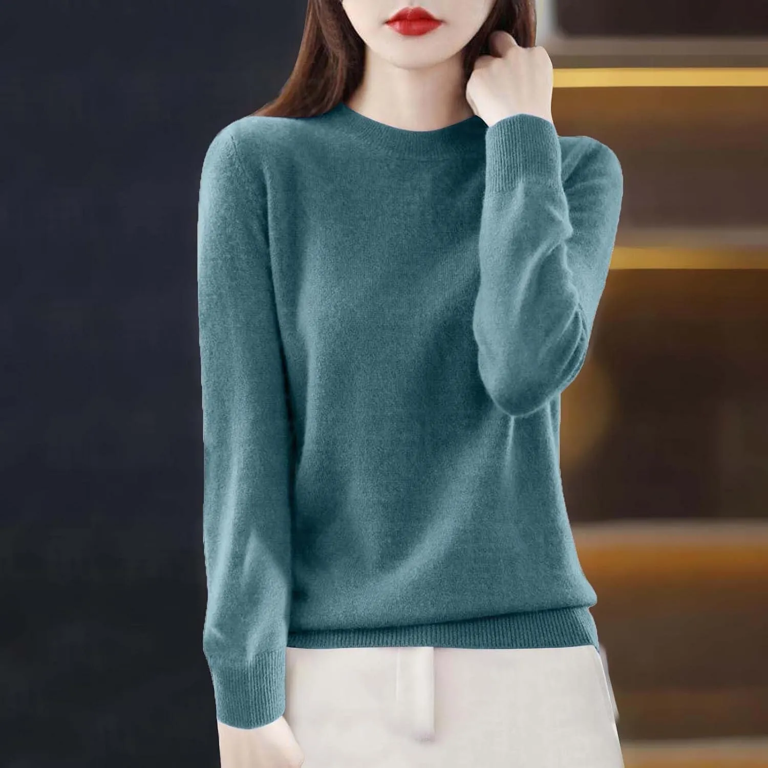 Sweaters for Women Trendy Long Sleeve Fuzzy Crewneck Pullover Tops Solid Color Lightweight Cashmere Sweater