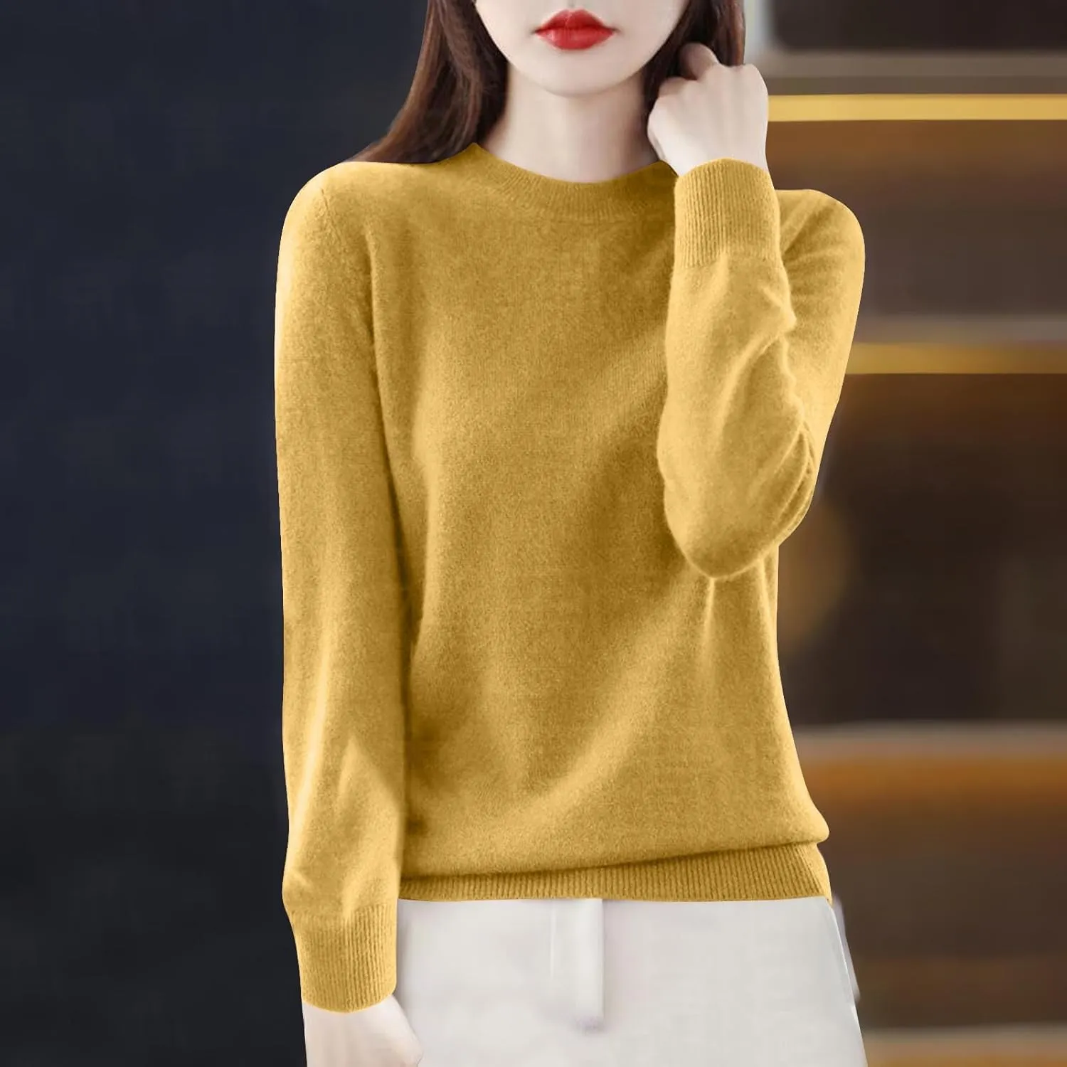 Sweaters for Women Trendy Long Sleeve Fuzzy Crewneck Pullover Tops Solid Color Lightweight Cashmere Sweater