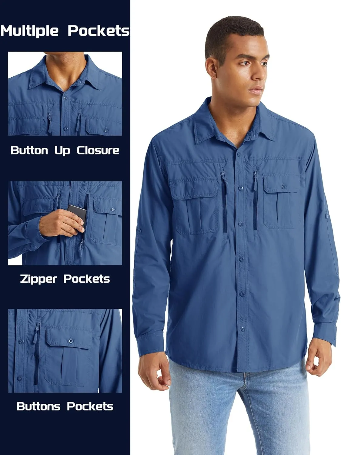 TACVASEN Fishing Shirt for Men, Long Sleeve Shirt Quick Dry Fit, Tactical Shirt Button Up, Work Shirt Lightweight Safari