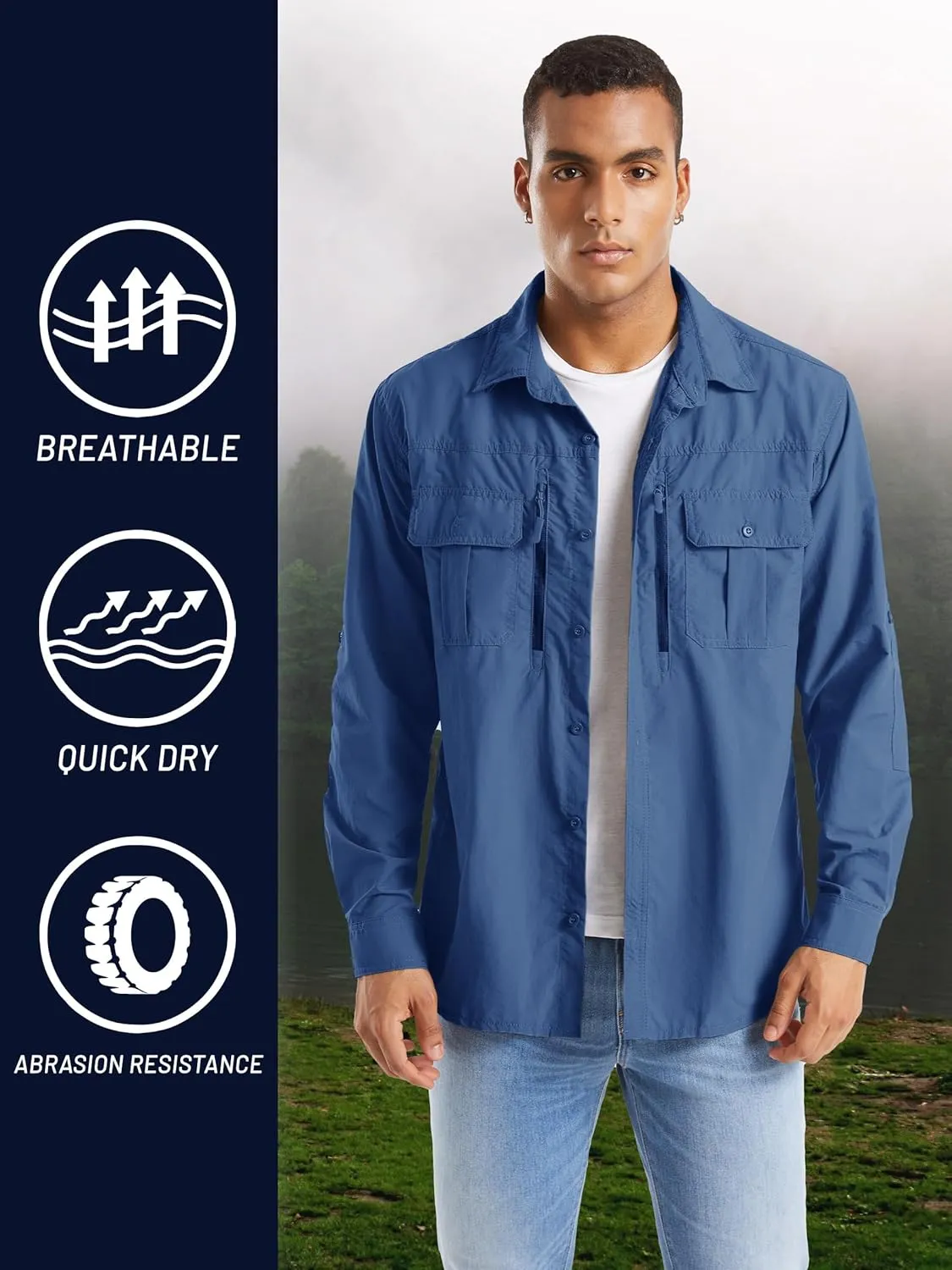 TACVASEN Fishing Shirt for Men, Long Sleeve Shirt Quick Dry Fit, Tactical Shirt Button Up, Work Shirt Lightweight Safari
