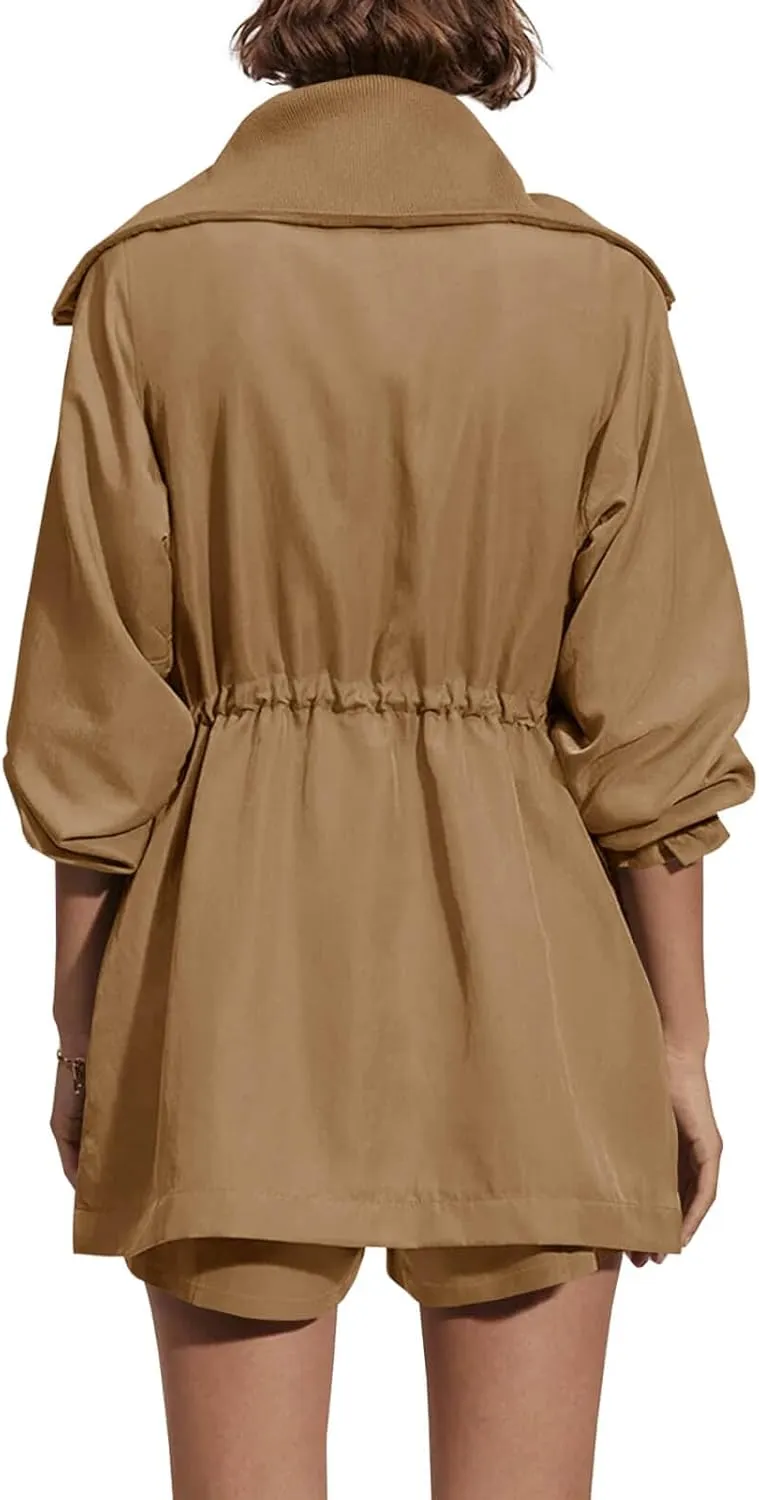 Tankaneo Womens Utility Jackets Zip Up Drawstring Waist Lapel Fall Casual Windbreaker Coats