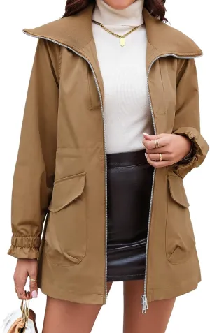 Tankaneo Womens Utility Jackets Zip Up Drawstring Waist Lapel Fall Casual Windbreaker Coats