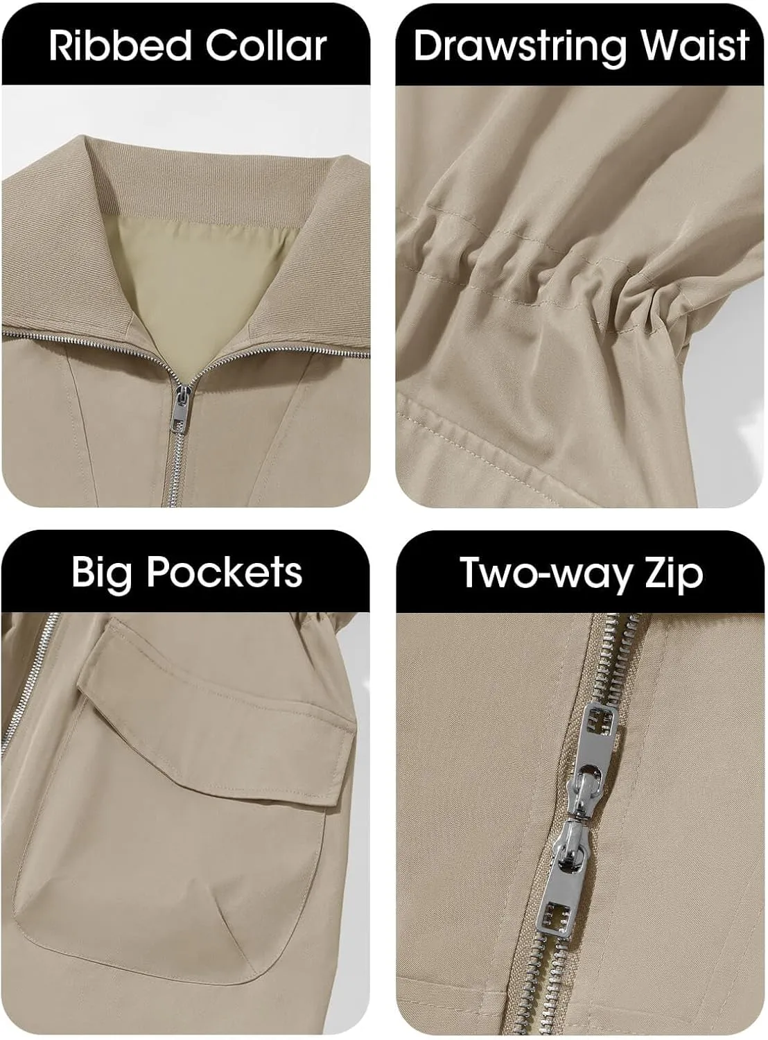 Tankaneo Womens Utility Jackets Zip Up Drawstring Waist Lapel Fall Casual Windbreaker Coats