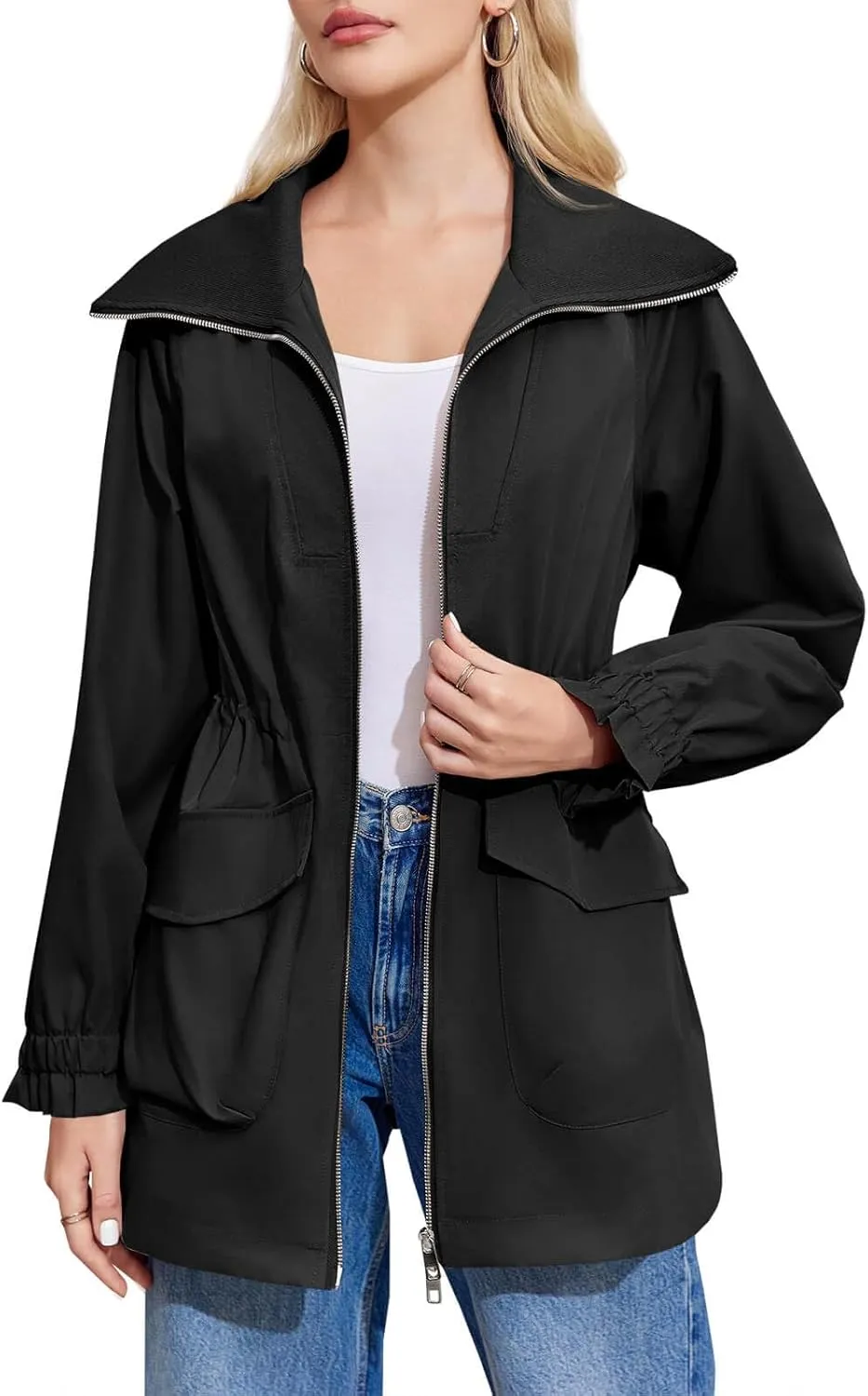 Tankaneo Womens Utility Jackets Zip Up Drawstring Waist Lapel Fall Casual Windbreaker Coats