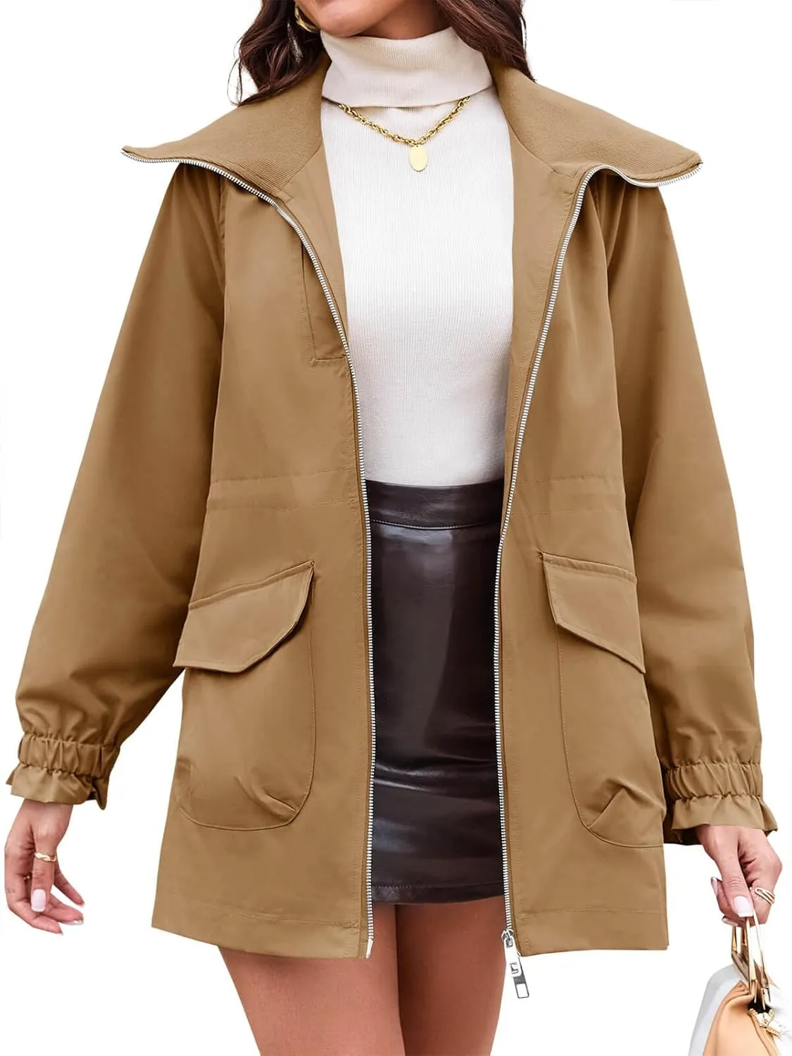 Tankaneo Womens Utility Jackets Zip Up Drawstring Waist Lapel Fall Casual Windbreaker Coats