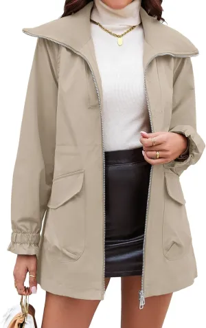 Tankaneo Womens Utility Jackets Zip Up Drawstring Waist Lapel Fall Casual Windbreaker Coats