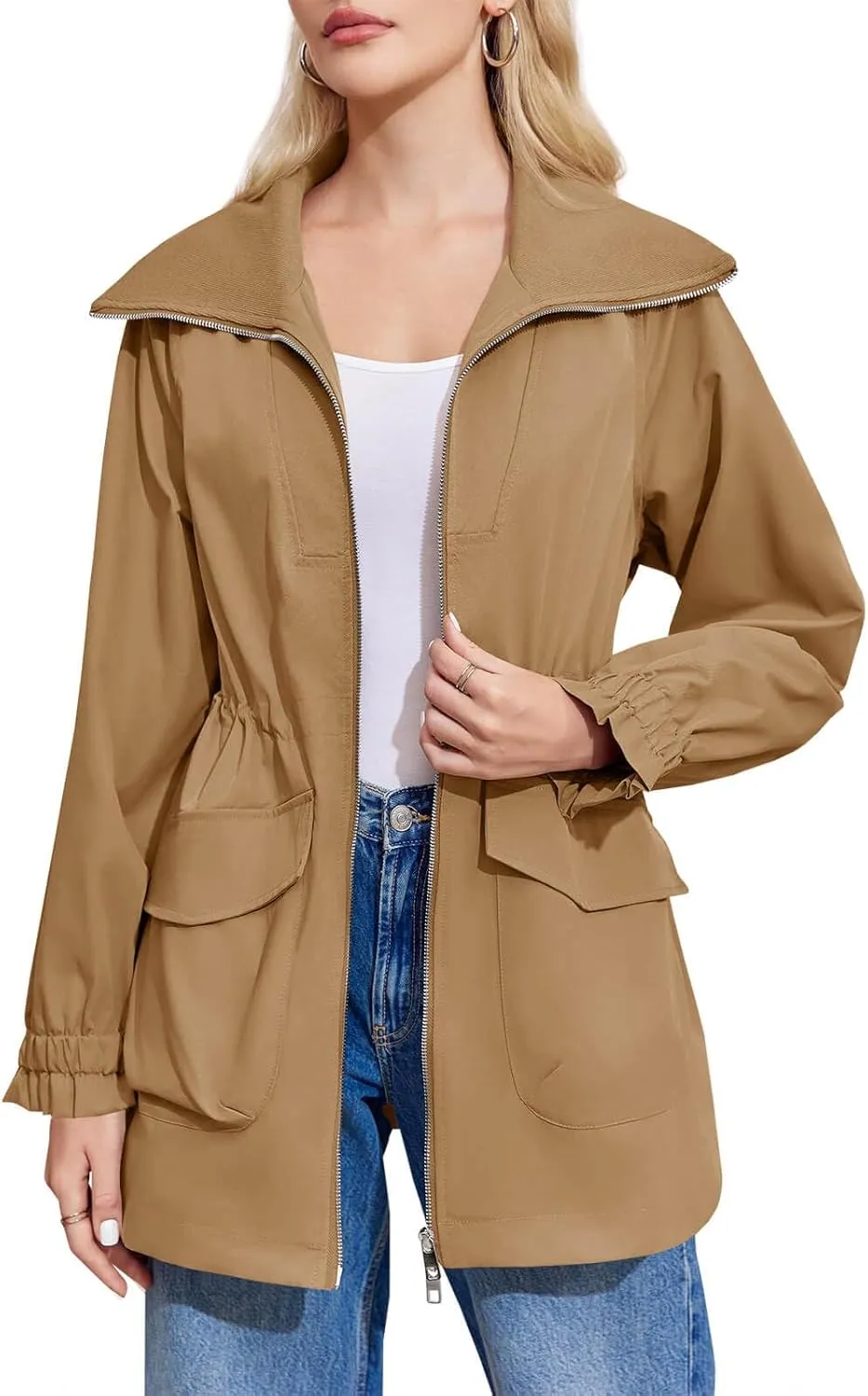 Tankaneo Womens Utility Jackets Zip Up Drawstring Waist Lapel Fall Casual Windbreaker Coats