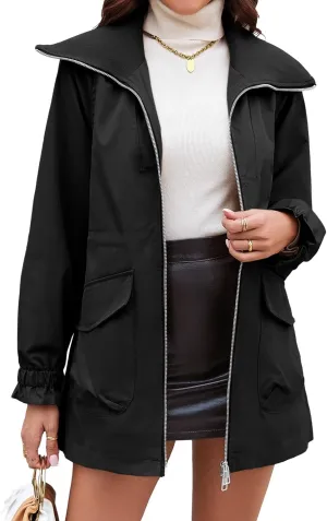 Tankaneo Womens Utility Jackets Zip Up Drawstring Waist Lapel Fall Casual Windbreaker Coats