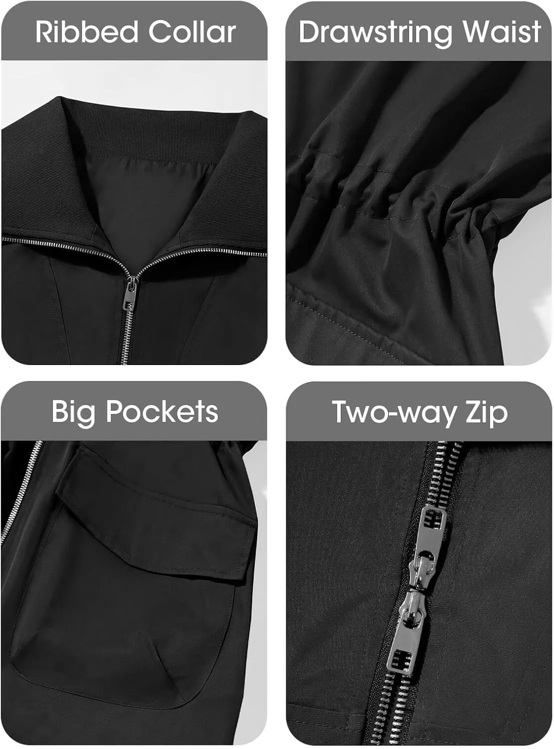 Tankaneo Womens Utility Jackets Zip Up Drawstring Waist Lapel Fall Casual Windbreaker Coats