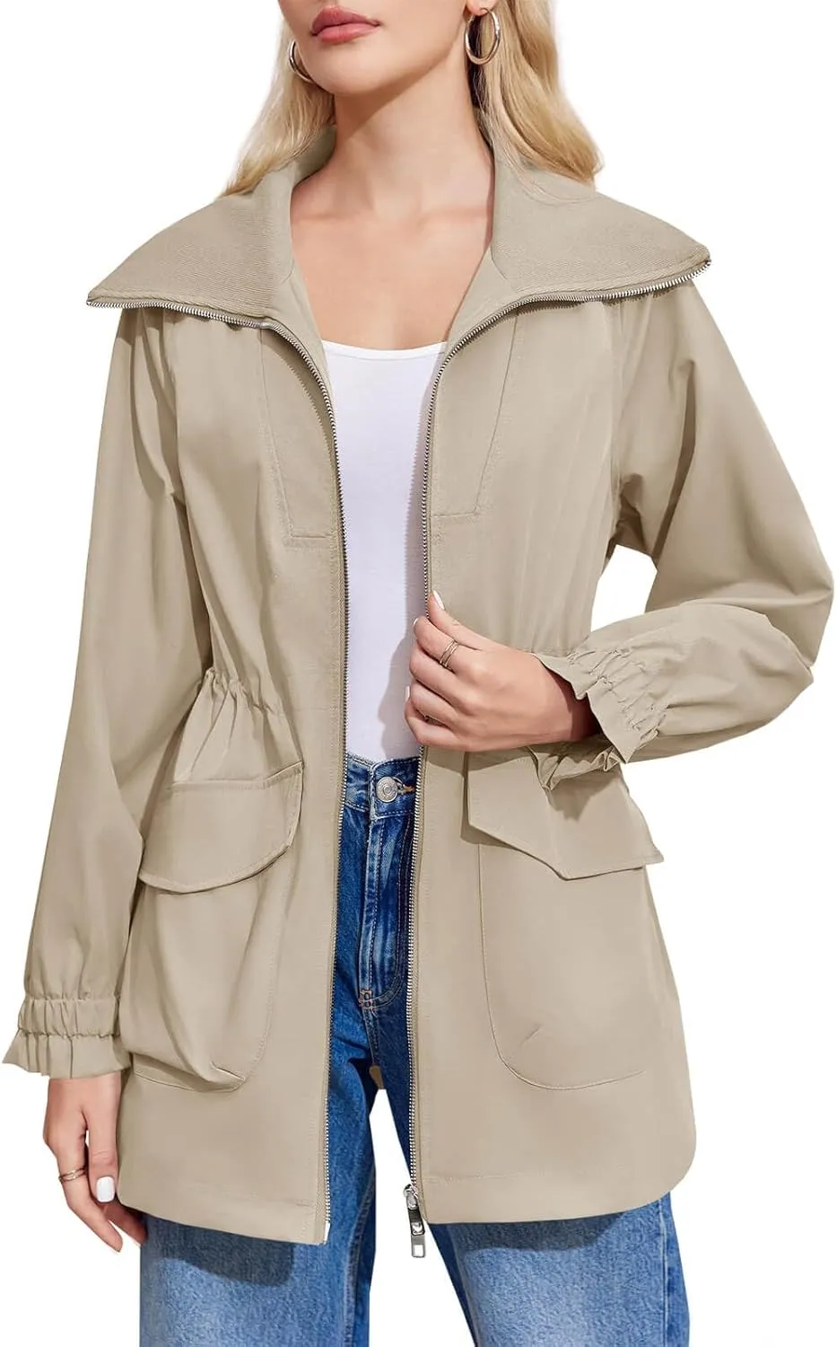 Tankaneo Womens Utility Jackets Zip Up Drawstring Waist Lapel Fall Casual Windbreaker Coats