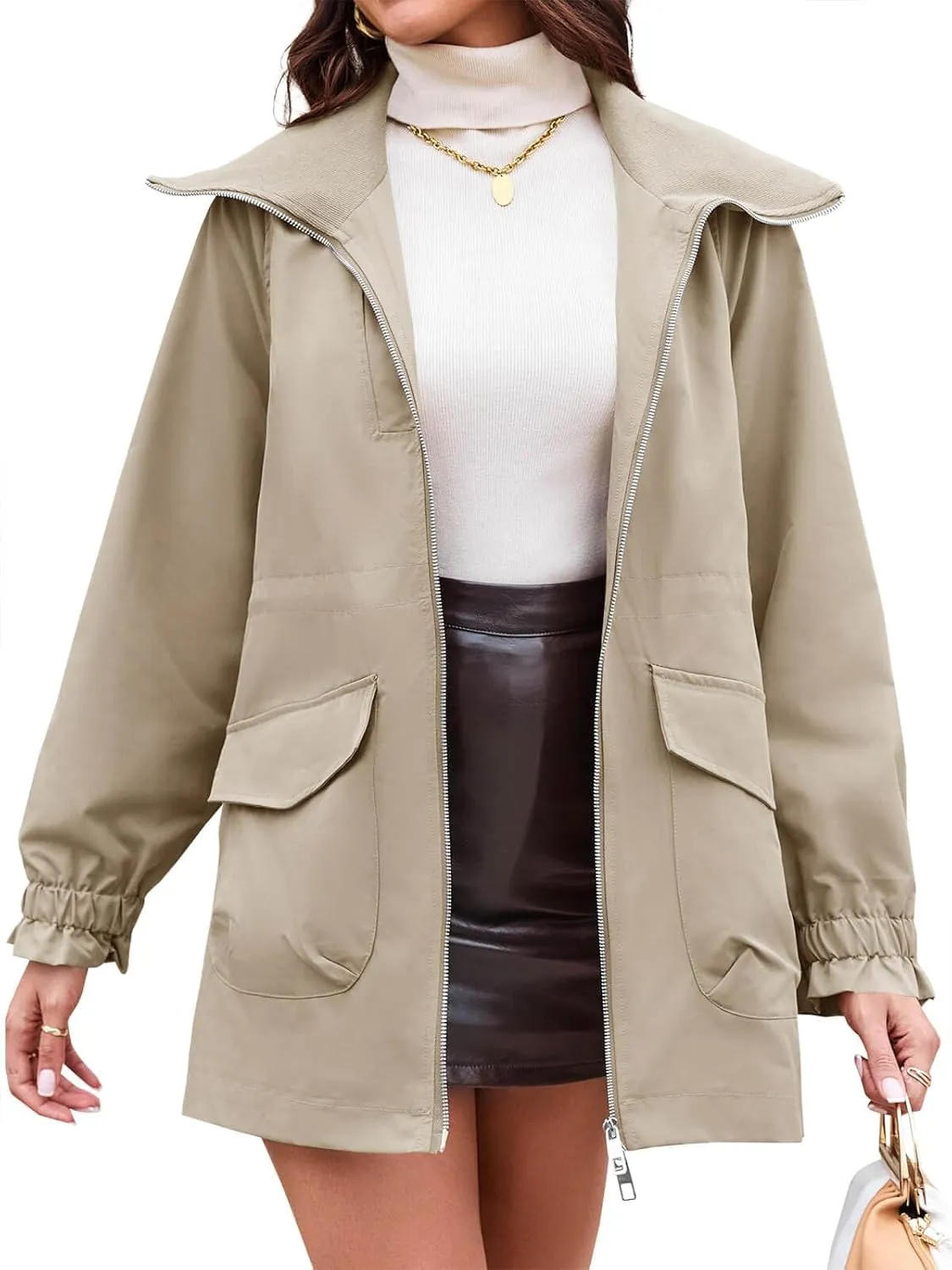 Tankaneo Womens Utility Jackets Zip Up Drawstring Waist Lapel Fall Casual Windbreaker Coats