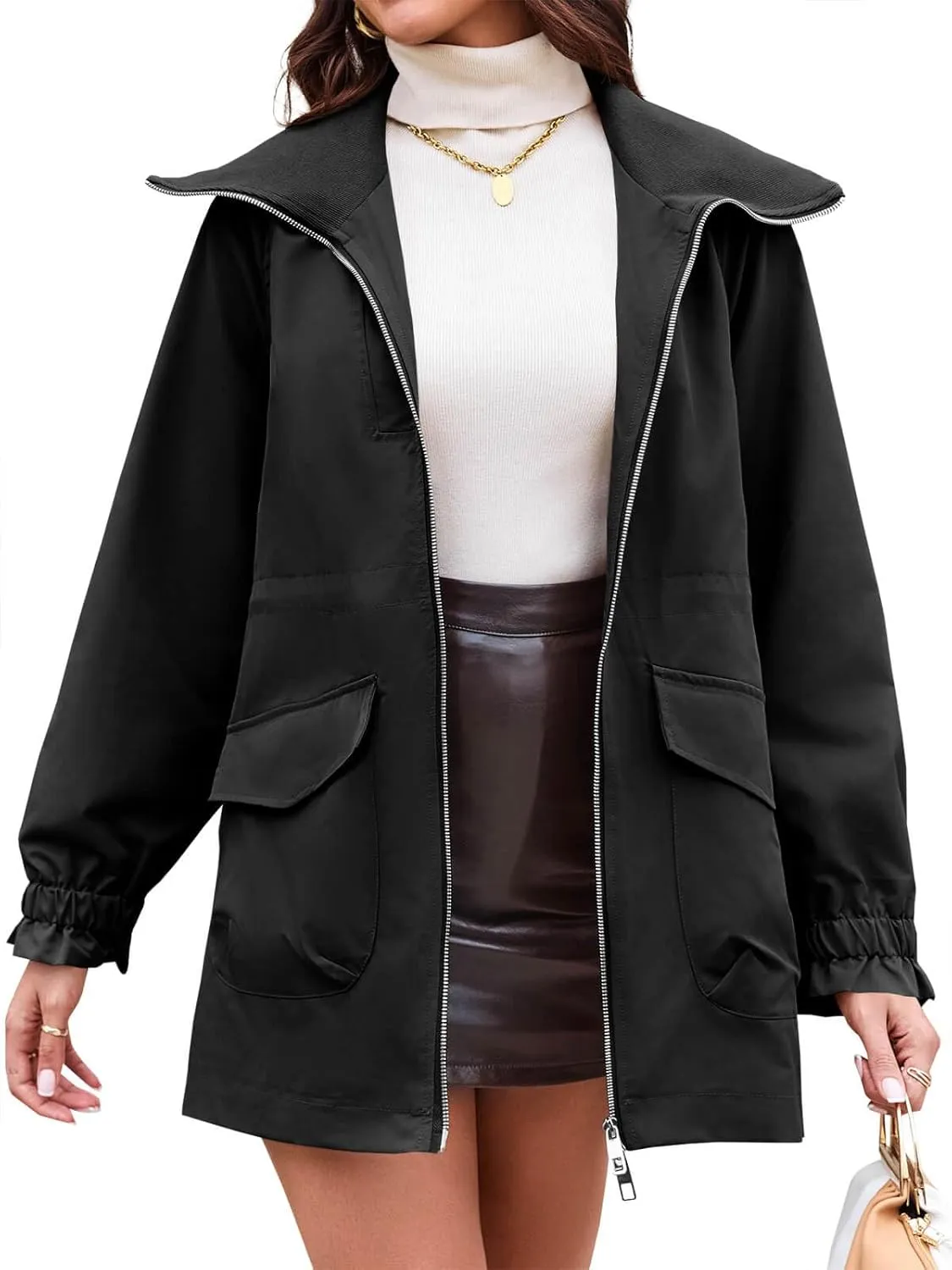 Tankaneo Womens Utility Jackets Zip Up Drawstring Waist Lapel Fall Casual Windbreaker Coats