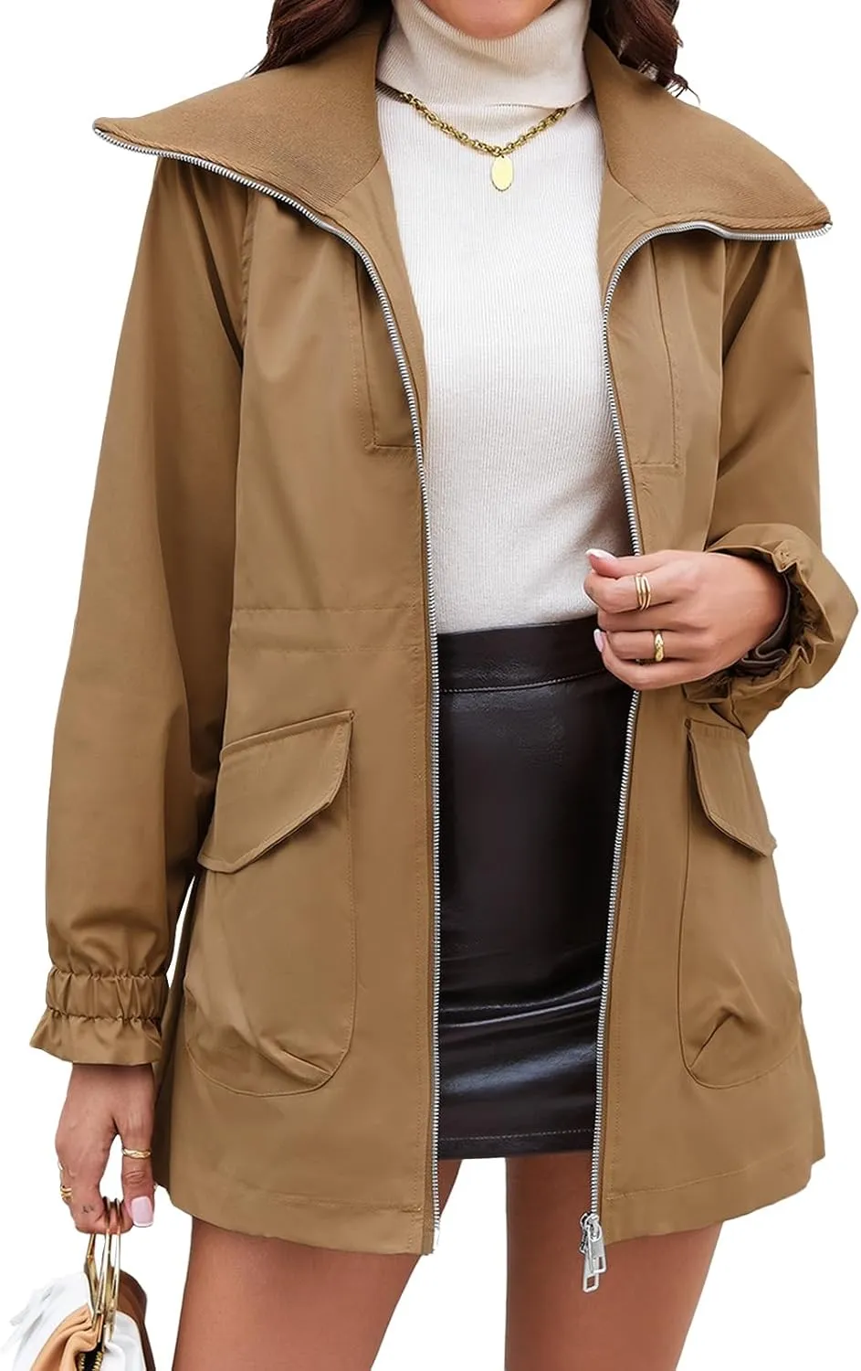 Tankaneo Womens Utility Jackets Zip Up Drawstring Waist Lapel Fall Casual Windbreaker Coats