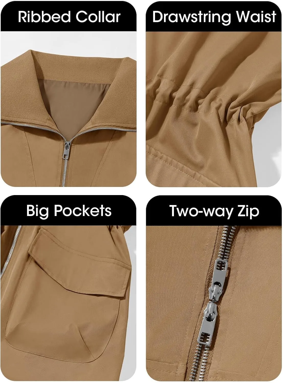 Tankaneo Womens Utility Jackets Zip Up Drawstring Waist Lapel Fall Casual Windbreaker Coats