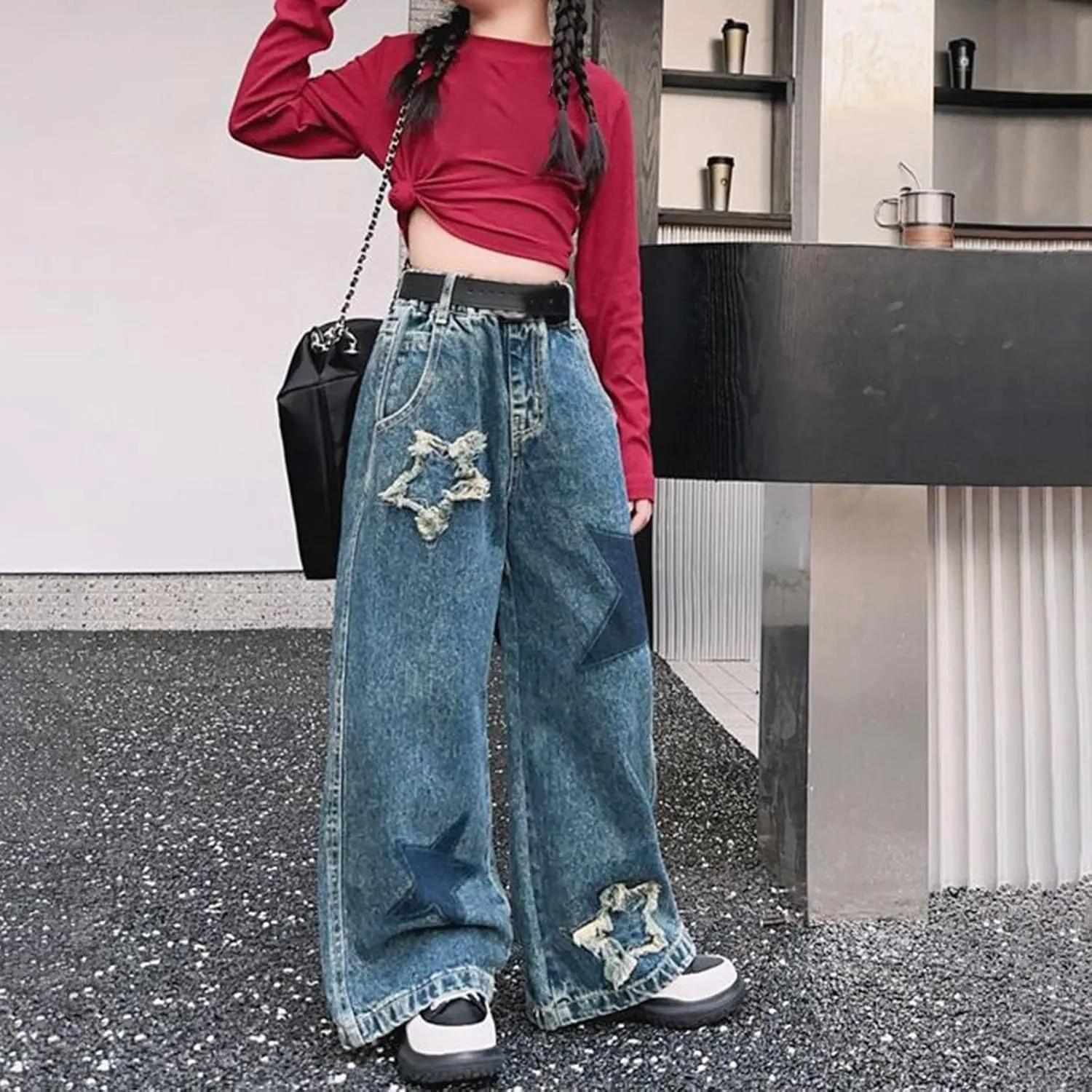 Teen Girls Baggy Ripped Jeans Vintage Star High Waisted Wide Leg Denim Pants Kids Girls Aesthetic Trendy Slim Trousers