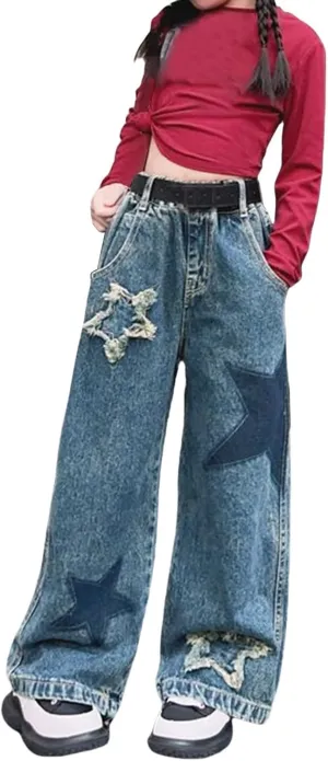 Teen Girls Ripped Baggy Jeans Star High Waisted Wide Leg Vintage Denim Pants Kids Girls Aesthetic Trendy Slim Trousers