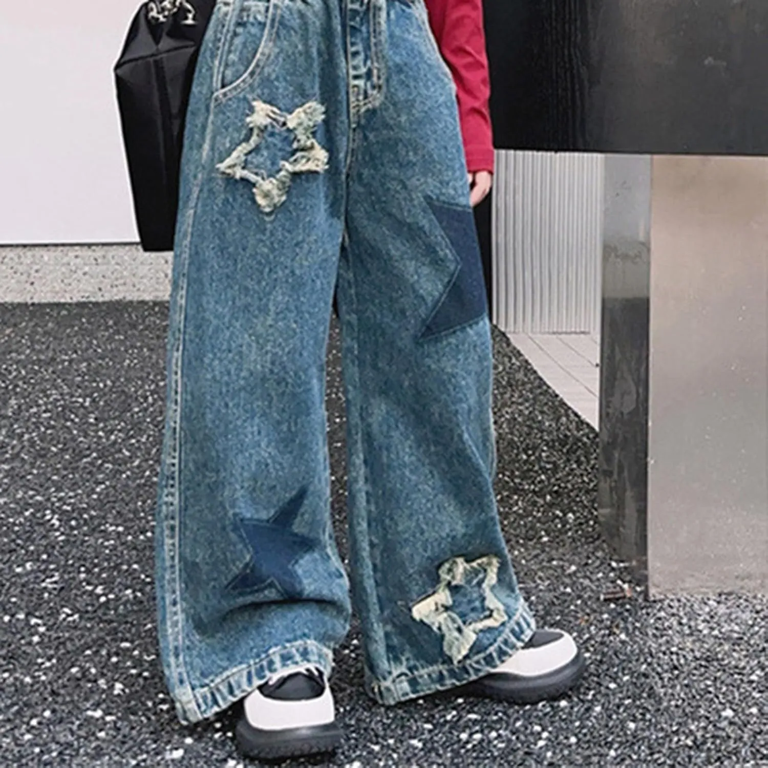 Teen Girls Ripped Baggy Jeans Star High Waisted Wide Leg Vintage Denim Pants Kids Girls Aesthetic Trendy Slim Trousers