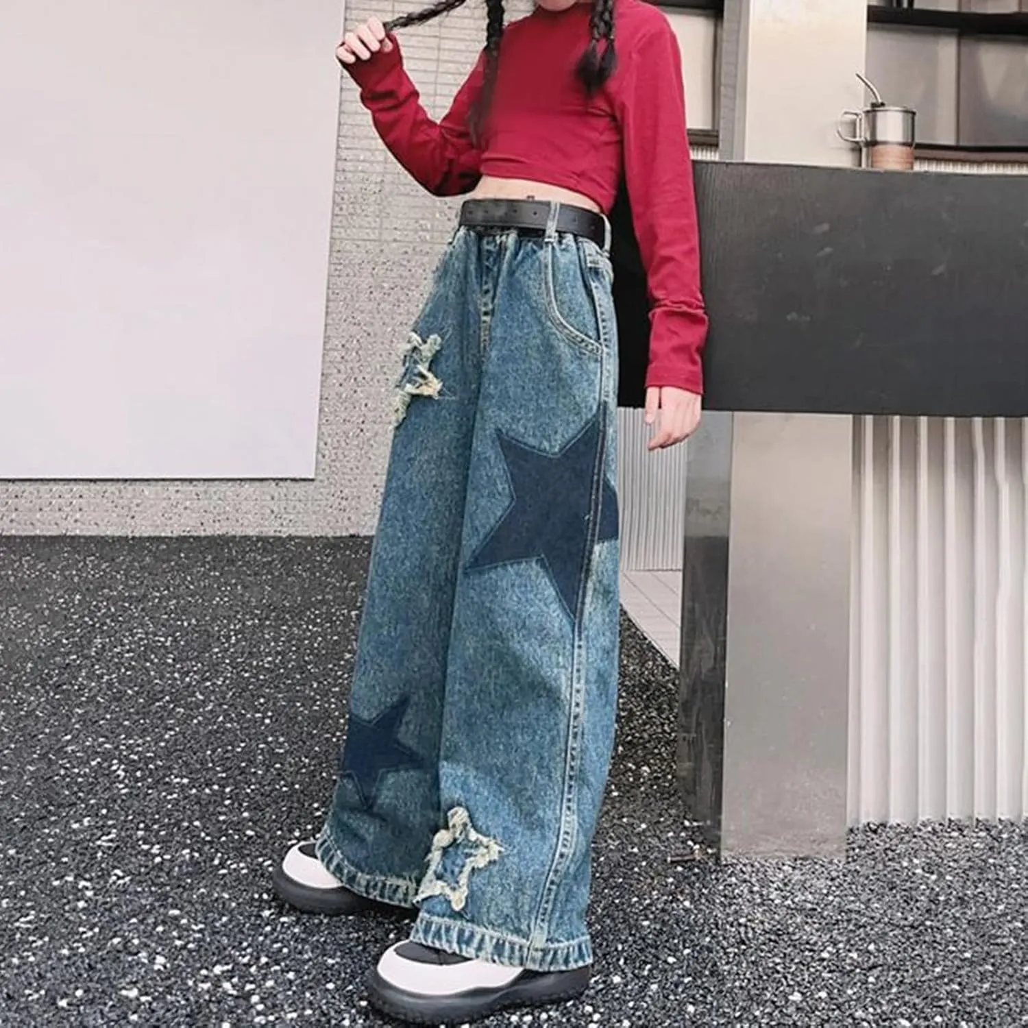 Teen Girls Ripped Baggy Jeans Vintage Star High Waist Wide Leg Denim Pants Kids Girls Aesthetic Trendy Slim Trousers