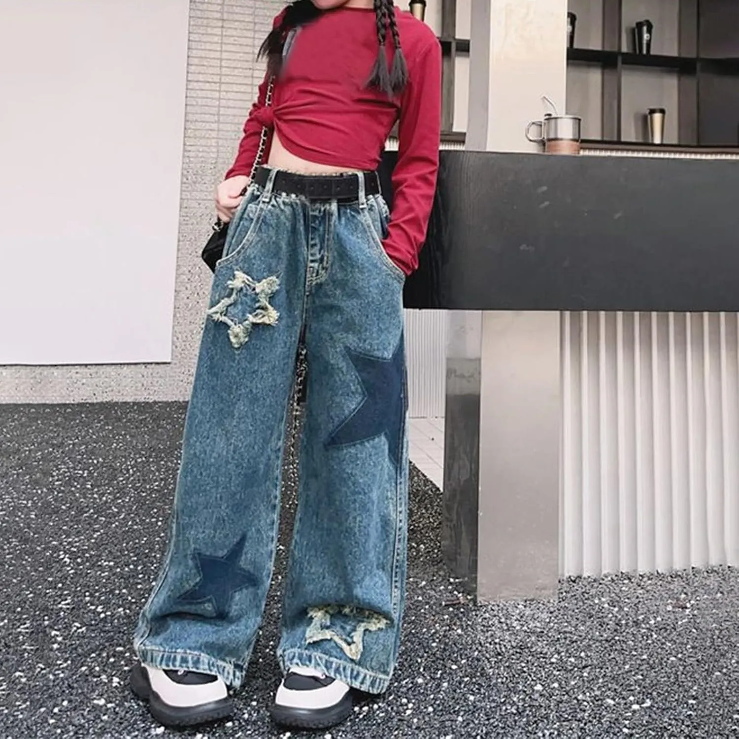 Teen Girls Ripped Baggy Jeans Vintage Star High Waist Wide Leg Denim Pants Kids Girls Aesthetic Trendy Slim Trousers