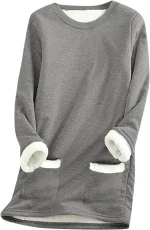 Thermal Underwear for Women Warm Sherpa Lined Fleece Crewneck Sweatshirt Fuzzy Long Sleeve Pullover Loungewear Tops