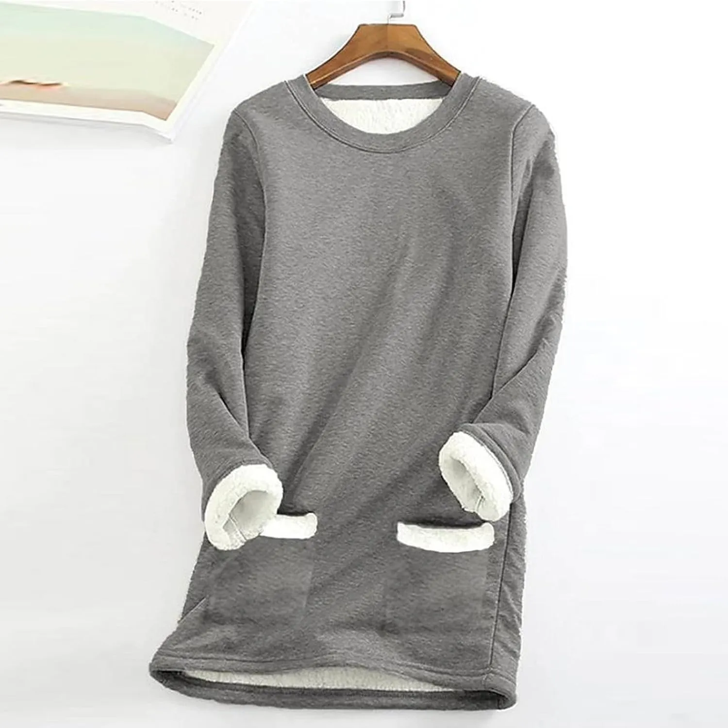 Thermal Underwear for Women Warm Sherpa Lined Fleece Crewneck Sweatshirt Fuzzy Long Sleeve Pullover Loungewear Tops