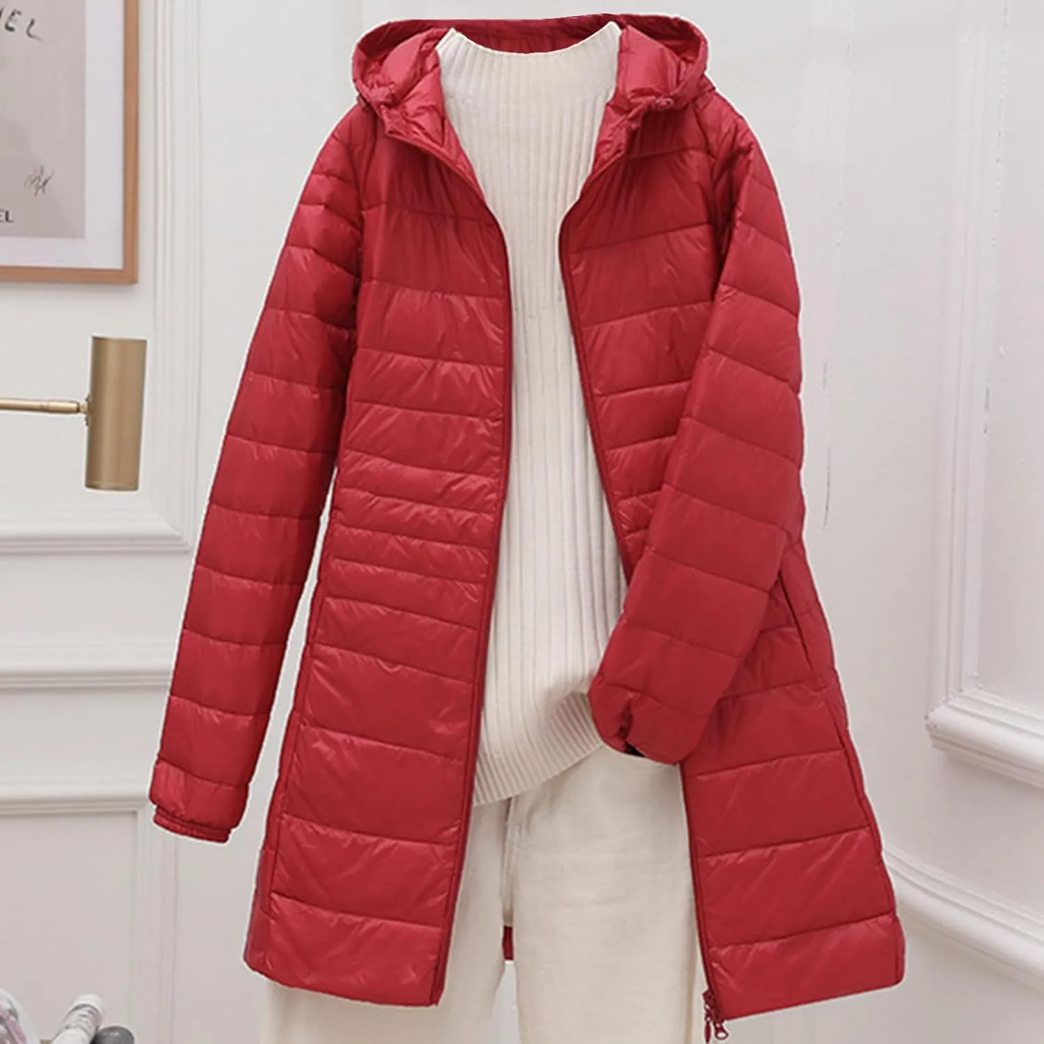 Trendy Down Jackets for Women Plus Size Winter Warm Quilted Puffer Coats Extra Long Hooded Lightweight Outwear