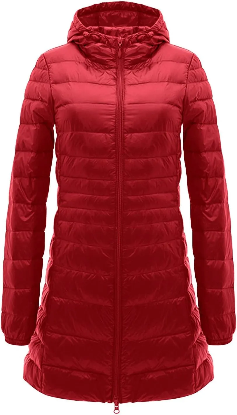Trendy Down Jackets for Women Plus Size Winter Warm Quilted Puffer Coats Extra Long Hooded Lightweight Outwear
