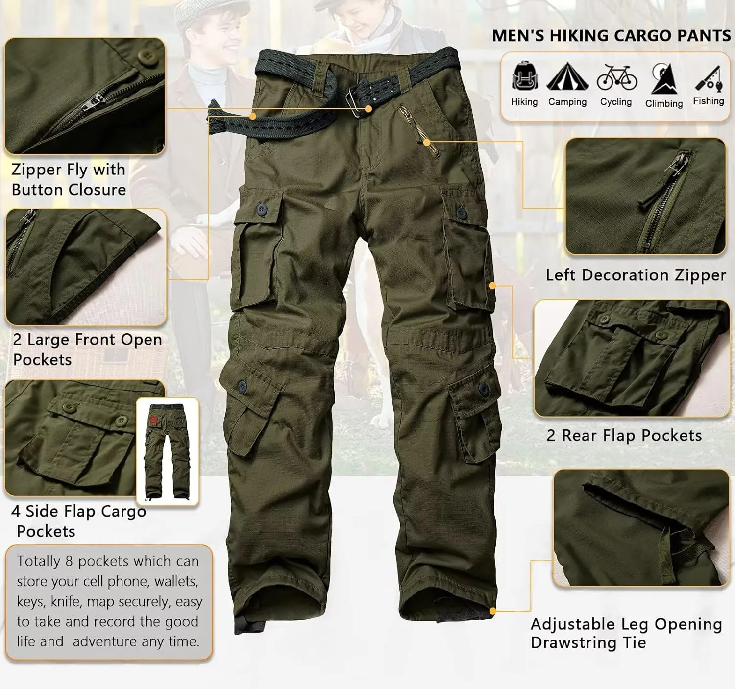 TRGPSG Men's Hiking Pants, Outdoor Ripstop Wild Cargo Pants, Multi-Pocket Army Camo Pants, Lightweight Casual Pants