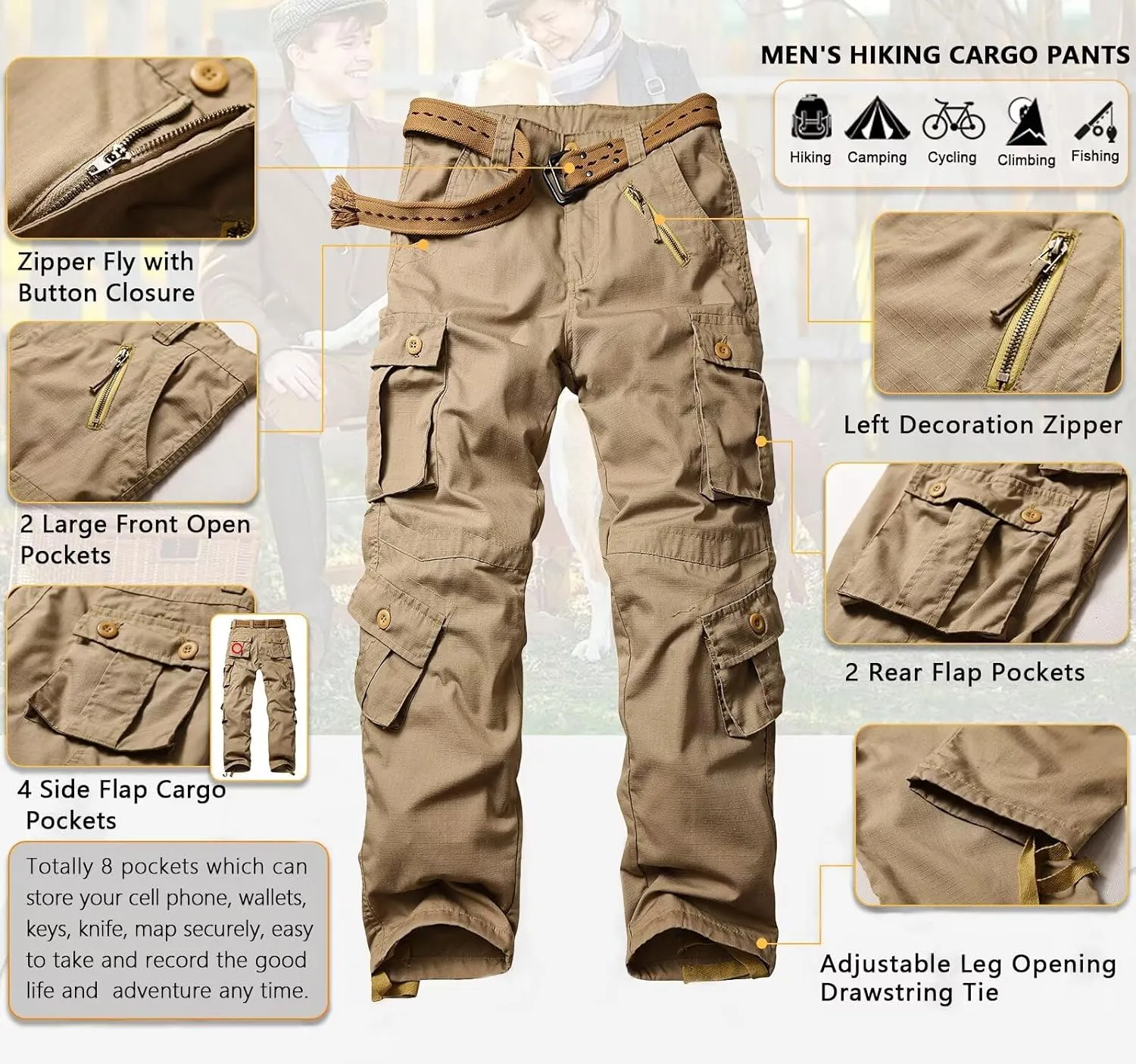 TRGPSG Men's Hiking Pants, Outdoor Ripstop Wild Cargo Pants, Multi-Pocket Army Camo Pants, Lightweight Casual Pants