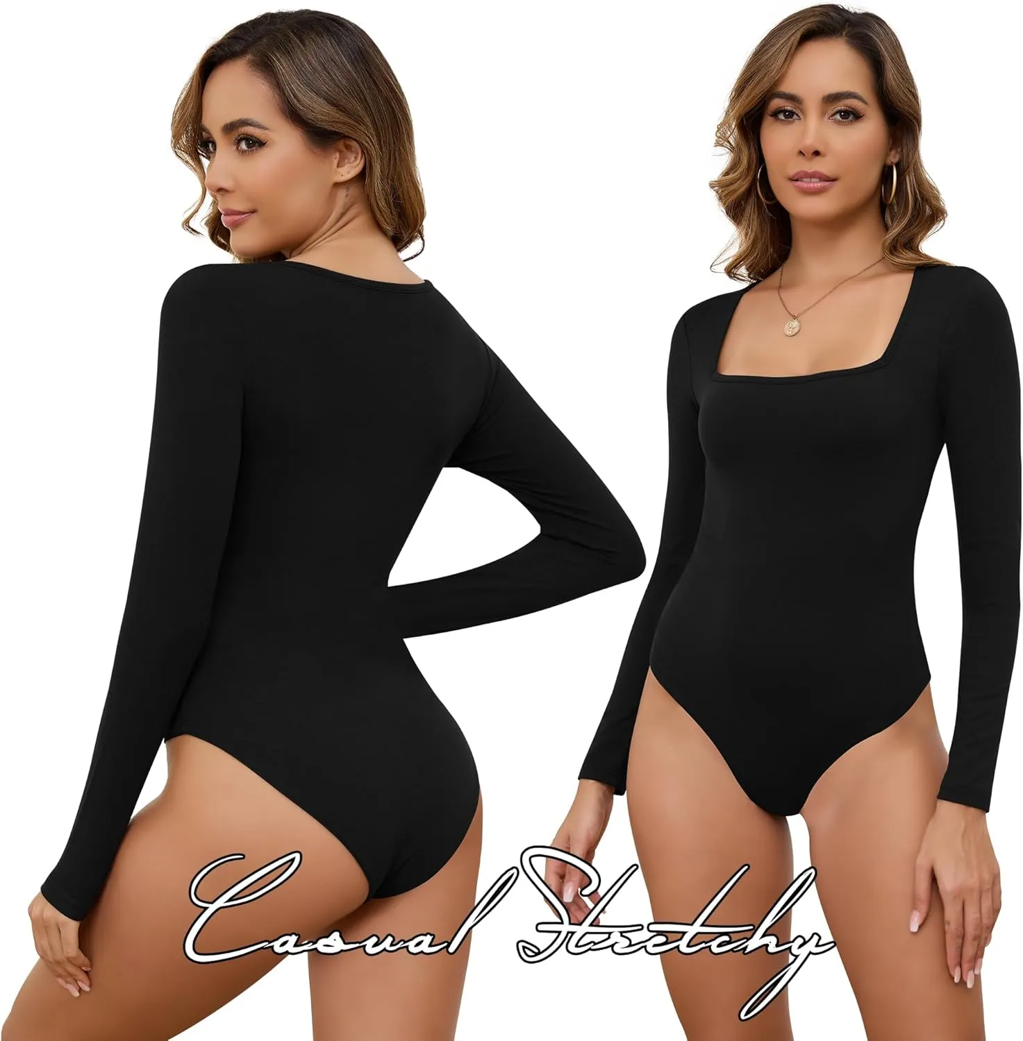 TVKSOM 5/3/1 Pack Long Sleeve Body Suits Womens Square Neck Casual Stretchy Basic Shirts Body suit Tops