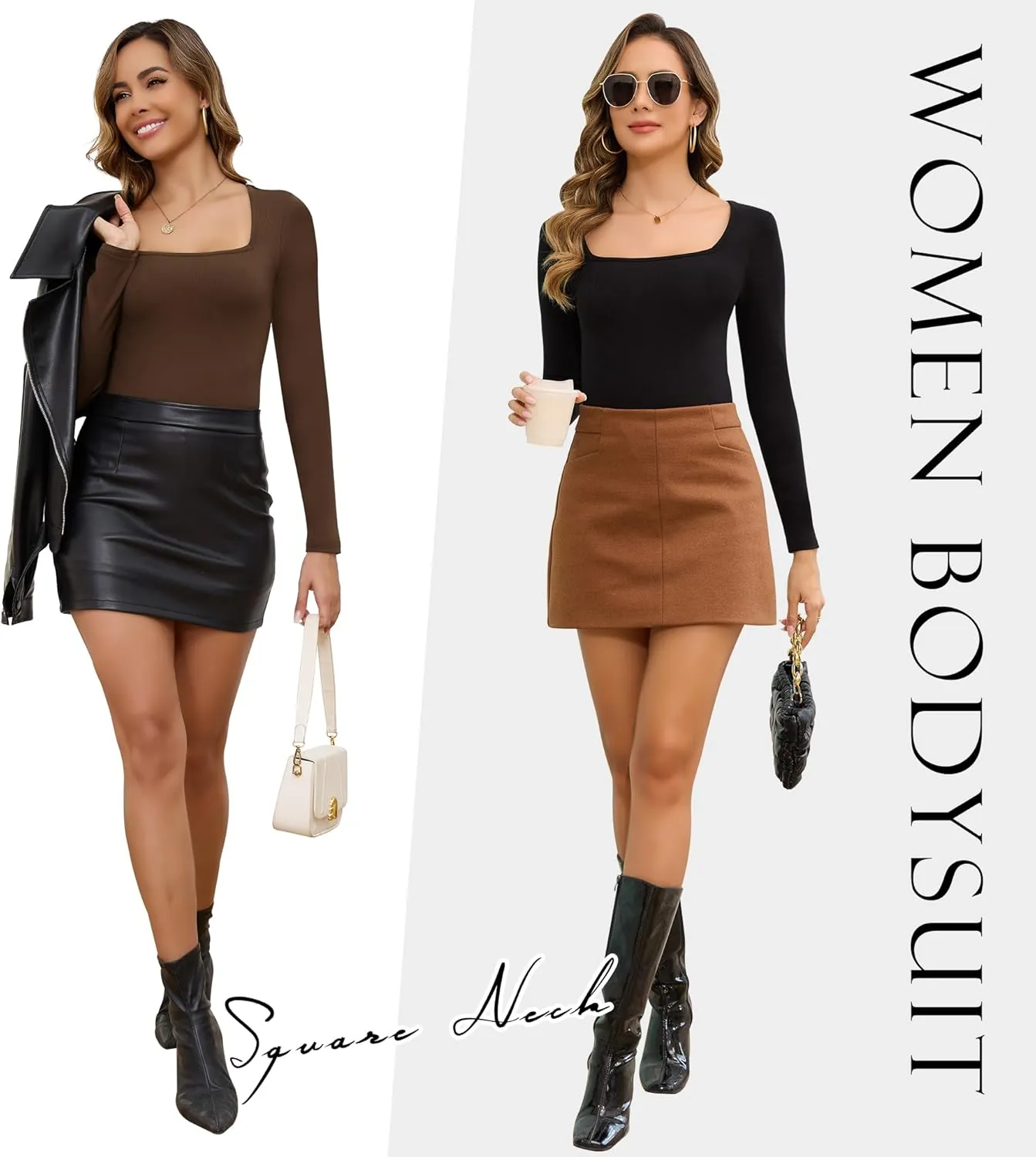 TVKSOM 5/3/1 Pack Long Sleeve Body Suits Womens Square Neck Casual Stretchy Basic Shirts Body suit Tops