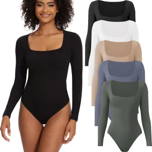 TVKSOM 5/3/1 Pack Long Sleeve Body Suits Womens Square Neck Casual Stretchy Basic Shirts Body suit Tops