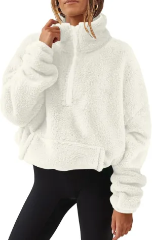 Uillui Womens Half Zip Sherpa Oversized Pullover Fuzzy Fleece Sweatshirt Jacket Fluffy Sweater Lapel Outerwear with Pockets