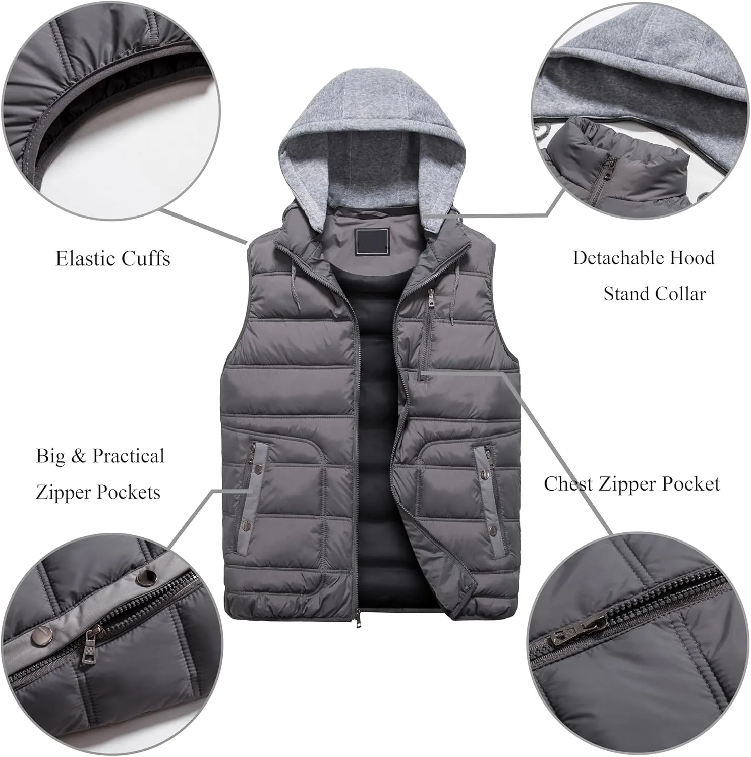 VtuAOL Men's Puffer Vest Outdoor Hooded Padded Vest Softshell Outerwear Vest for Travel Hiking