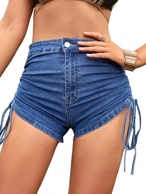WDIRARA Women's High Waisted Drawstring Ruched Tie Side Skinny Denim Stretch Shorts