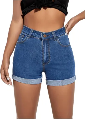 WDIRARA Women's High Waisted Roll Up Hem Skinny Denim Shorts Stretch Shorts with Pockets