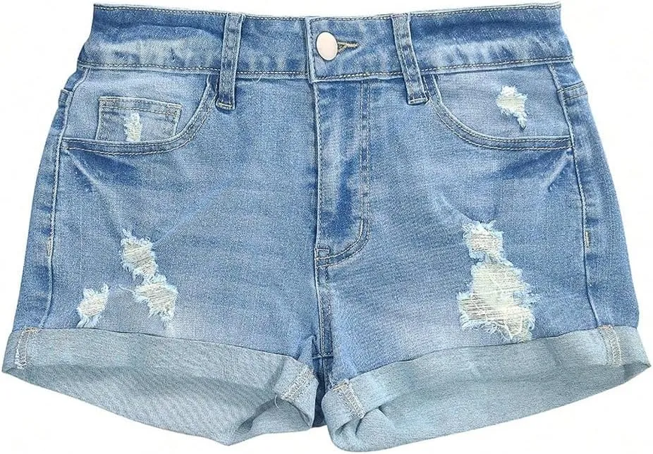 WDIRARA Women's Low Waist Button Skinny Denim Shorts Streetwear Stretch Shorts