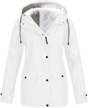 Windbreaker Jacket Women Fleece Lined Long Hooded Rain Coats Outdoor Raincoat Waterproof Lightweight Trench Raincoat