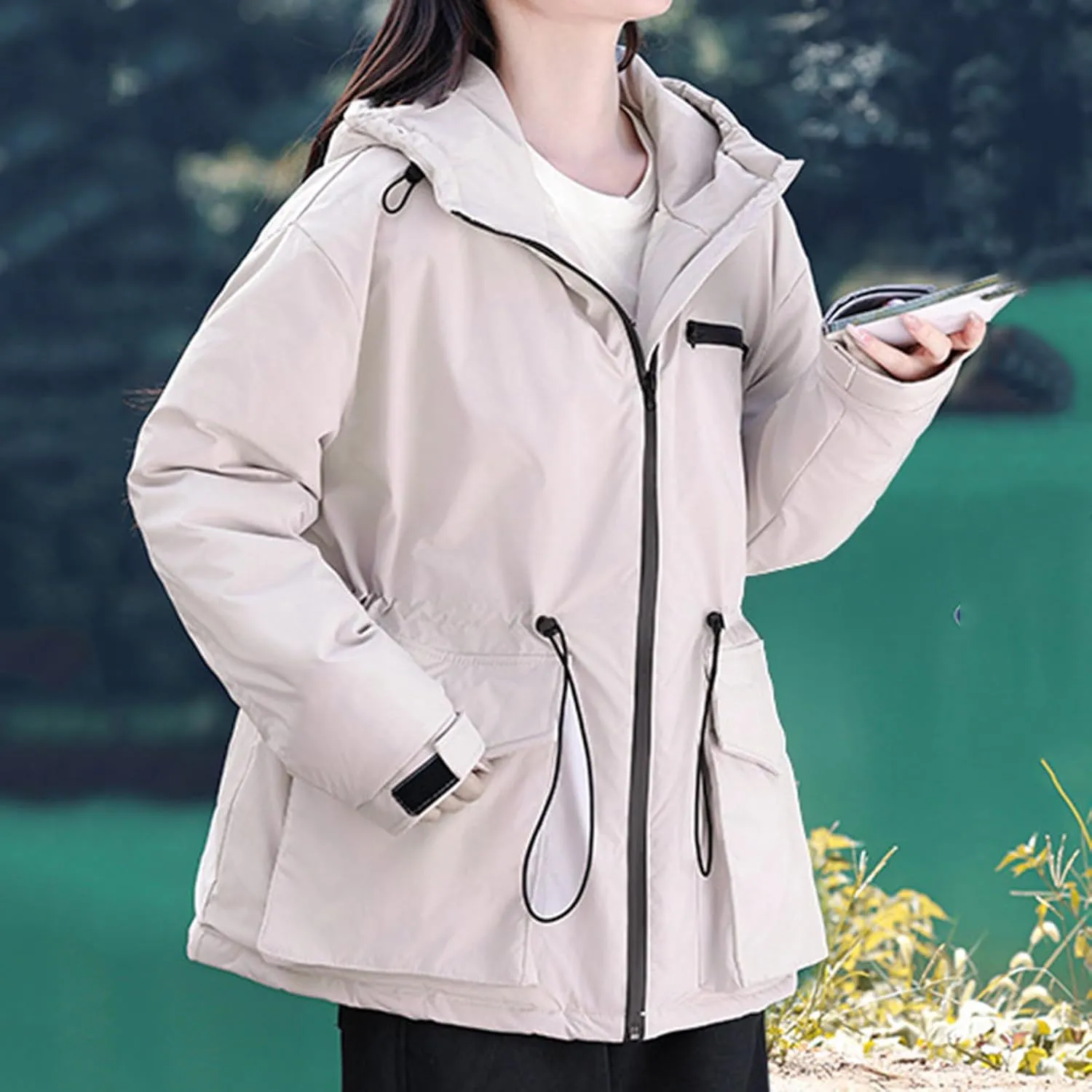 Windproof Down Jacket Women Solid Color Waterproof Tunic Drawstring Overcoats Winter Warm Outfits with Multi Pockets