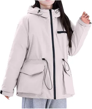 Windproof Down Jacket Women Solid Color Waterproof Tunic Drawstring Overcoats Winter Warm Outfits with Multi Pockets